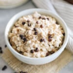 cookie dough overnight oats in a small bowl with chocolate chips