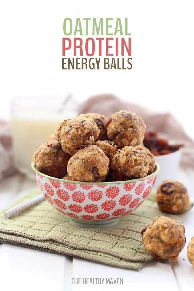 No bake oatmeal protein balls in a colorful bowl.