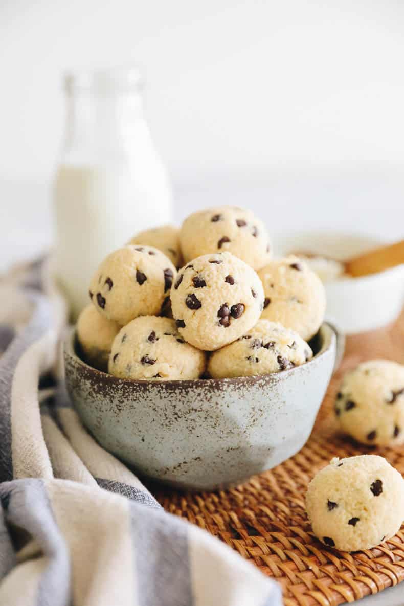 Protein cottage cheese cookie dough bites in a blue bowl.