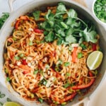 spicy peanut noodles in a pan with cilantro, lime, crushed peanuts and scallions